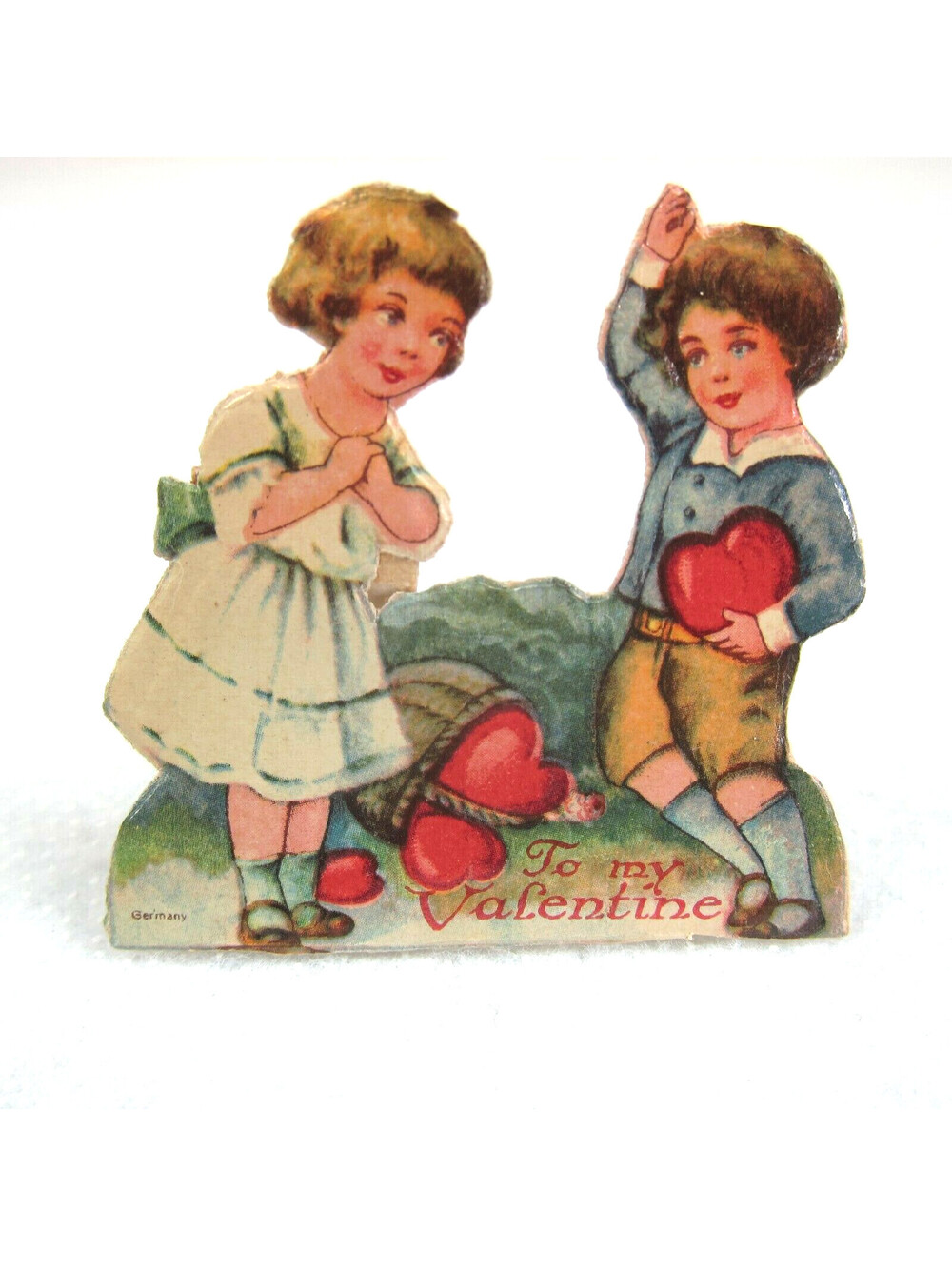 Vintage Valentine Die Cut Stand Up Boy & Girl Hearts 1920-30s Germany UNSIGNED